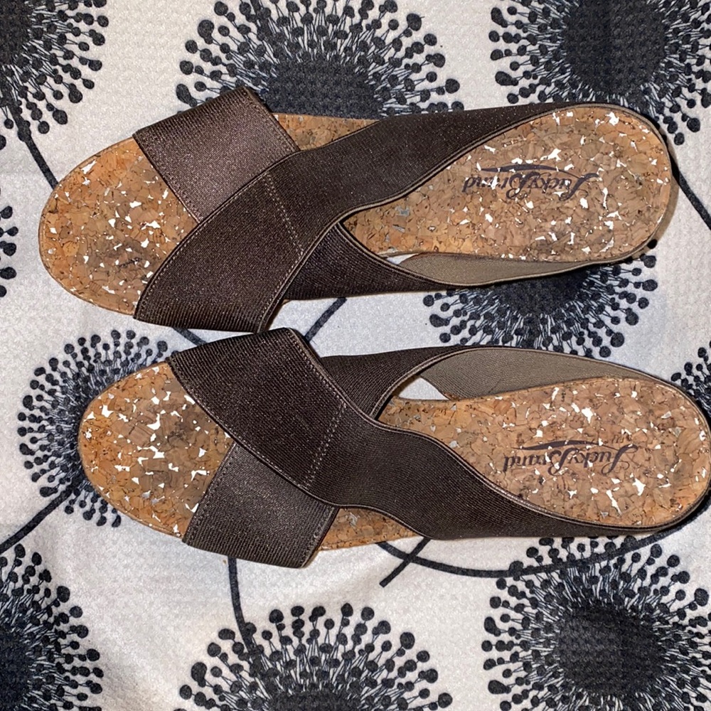 Lucky Brand Platform Cork Wedges in Stretchy Bronze Fabric size 7.5